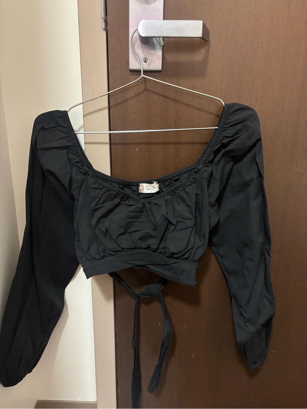 Altar'd State Black Long-Sleeve Cropped Tie-Front Peasant Top